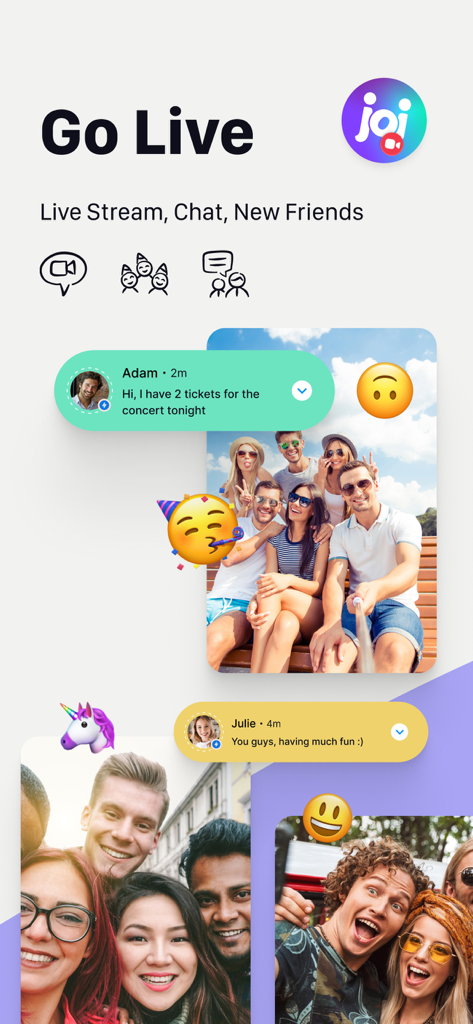 A promotional screenshot for the Joi app showing live streaming and video chat features with friends.