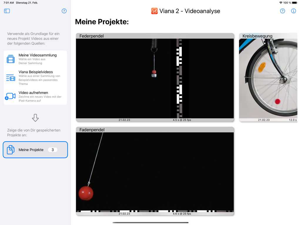 Viana 2 - Dashboard of the Viana 2 physics app on an iPad displaying project thumbnails for motion analysis