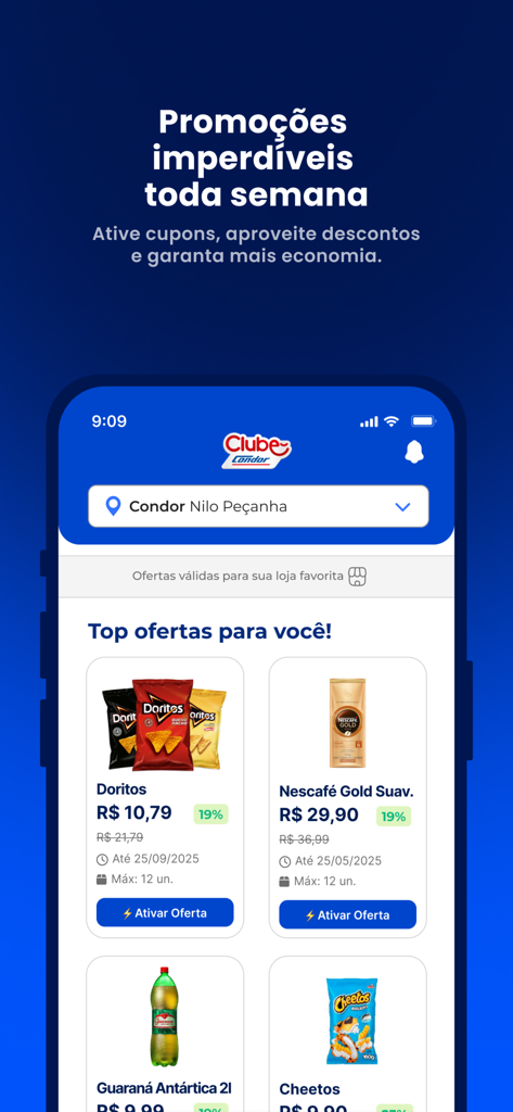Clube Condor 앱 주간 식료품 거래 및 할인 화면