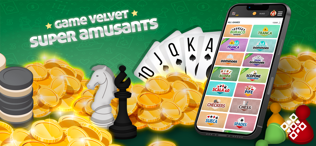Smartphone zeigt eine Auswahl klassischer Karten- und Brettspiele im GameVelvet App-Menü, umgeben von Goldmünzen und Spielsteinen