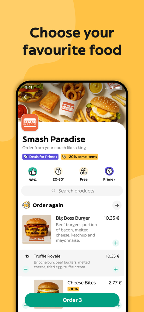 Glovo: Food Delivery, Takeaway - Interfaccia dell'app Glovo che mostra il menu di un ristorante di hamburger con tempi di consegna e valutazioni.