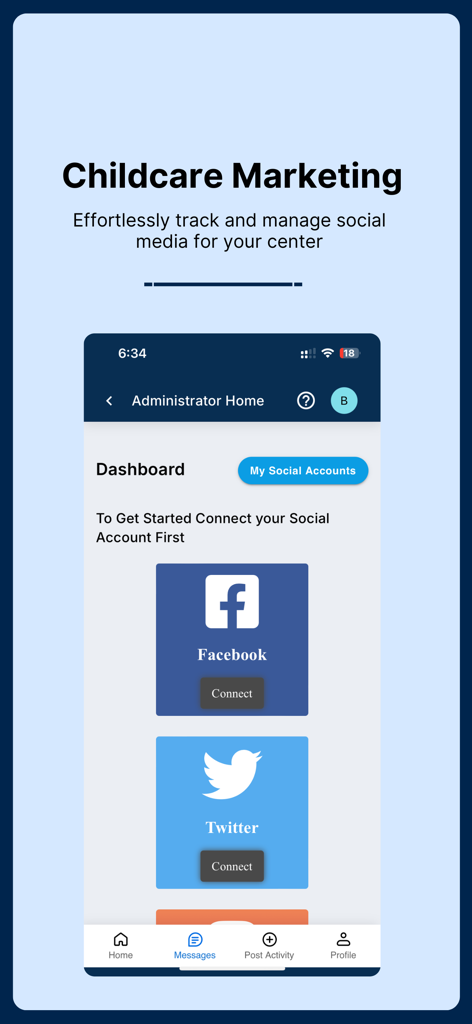 My Kid Reports Childcare App - Childcare marketing dashboard in My Kid Reports app for social media management