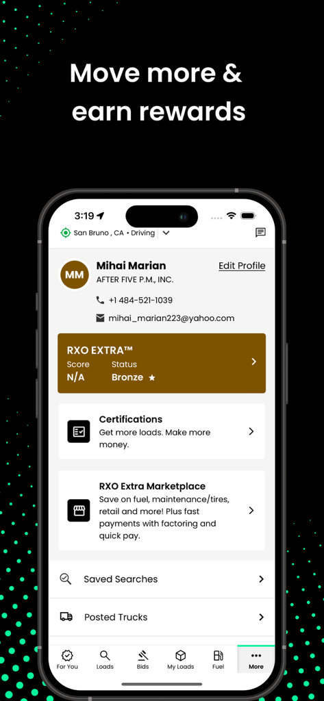 RXO Drive: Free Load Board - User profile in RXO Drive app highlighting rewards and trucking management tools