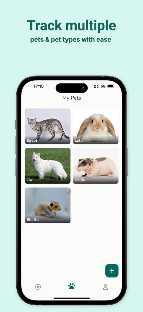 Furry Friend : Pet Care App - Mobile app screen showing a list of pet profiles including a dog cat rabbit and guinea pig