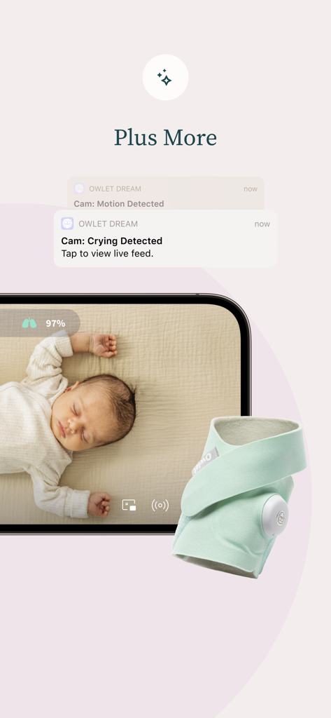 Owlet Dream - Interface de l'application Owlet Dream montrant un flux vidéo en direct d'un bébé endormi avec des notifications de mouvement et de pleurs à côté d'un Dream Sock