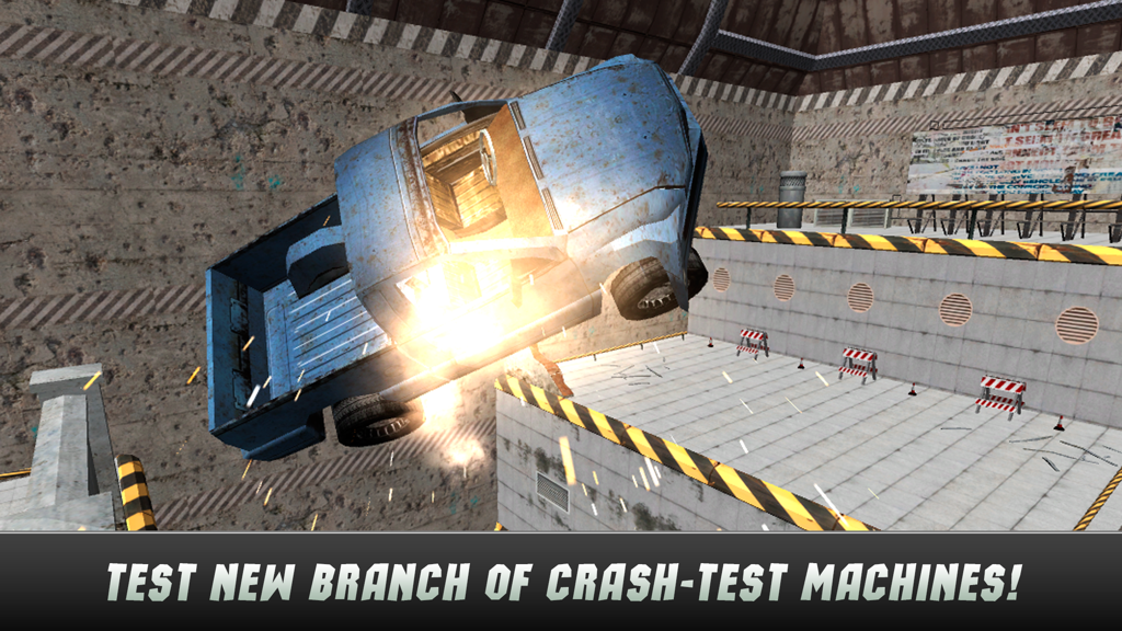 Extreme Car Crash Test Simulator 3D - A blue pickup truck mid air crashing into a concrete wall in a 3D physics simulator game