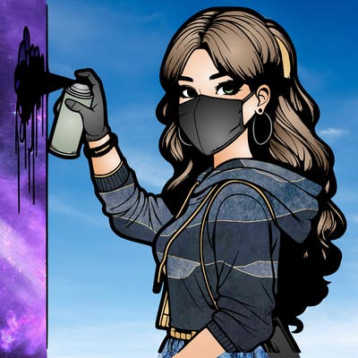 realistic girl with mask spray painting a wall