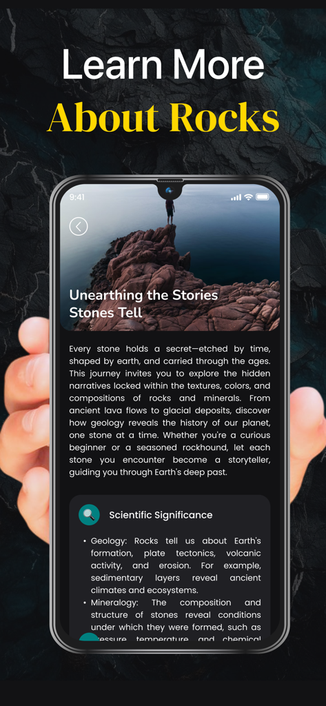An educational screen in the Rock and Stone Identifier app featuring detailed geological facts and mineralogy information