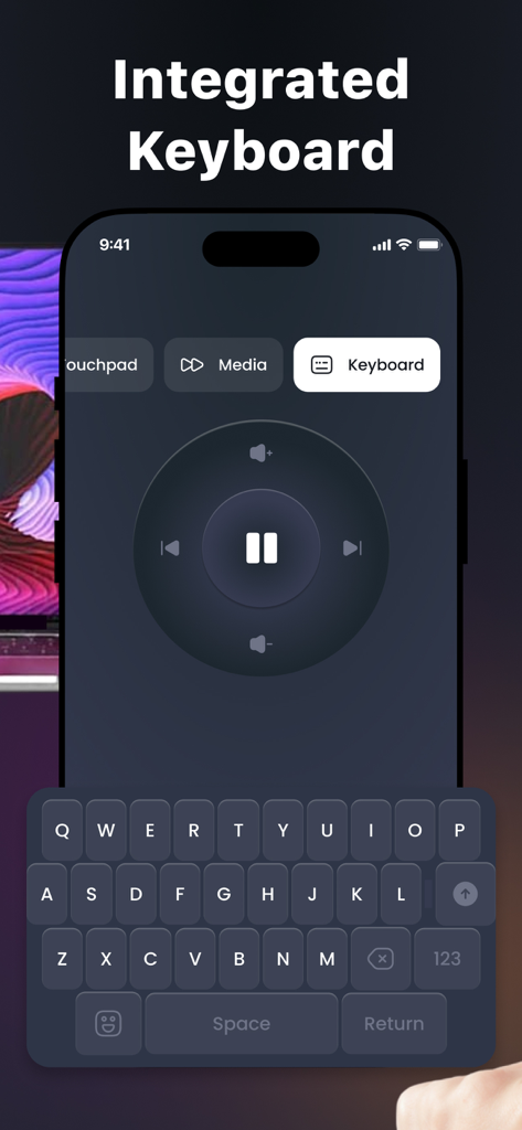 Smartphone app screen showing an integrated keyboard and media control wheel for remote computer navigation