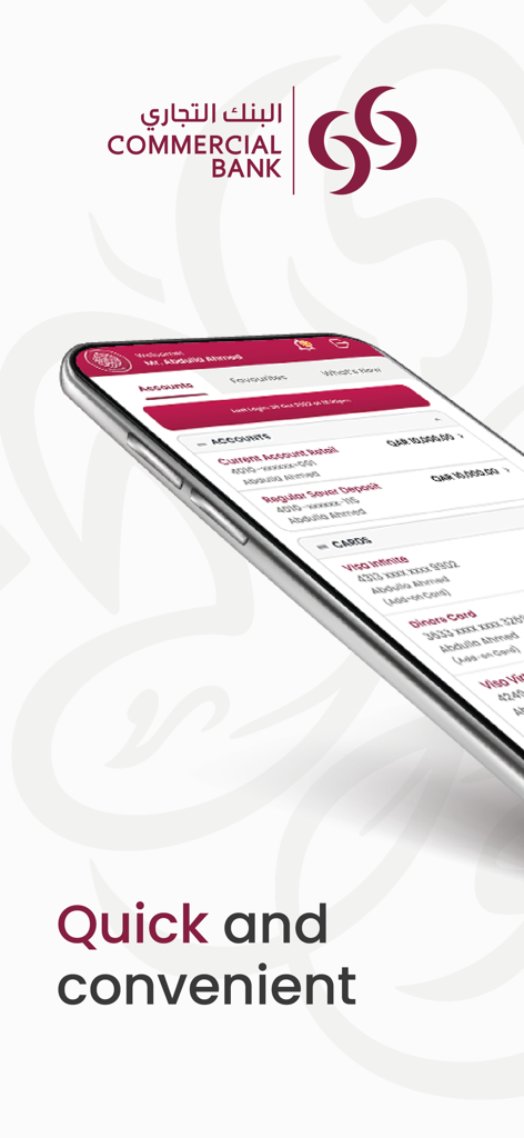 CBQ Mobile - Interfaz de la aplicación CBQ Mobile que muestra saldos de cuenta y tarjetas con el lema Rápido y conveniente