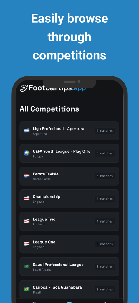 Interfaccia dell'app FootballTips che visualizza un elenco di varie competizioni calcistiche mondiali come il campionato inglese e la Saudi Professional League.