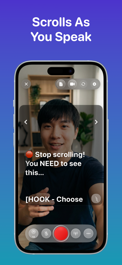 Smartphone screen showing a teleprompter app with AI voice following script scrolling while recording video