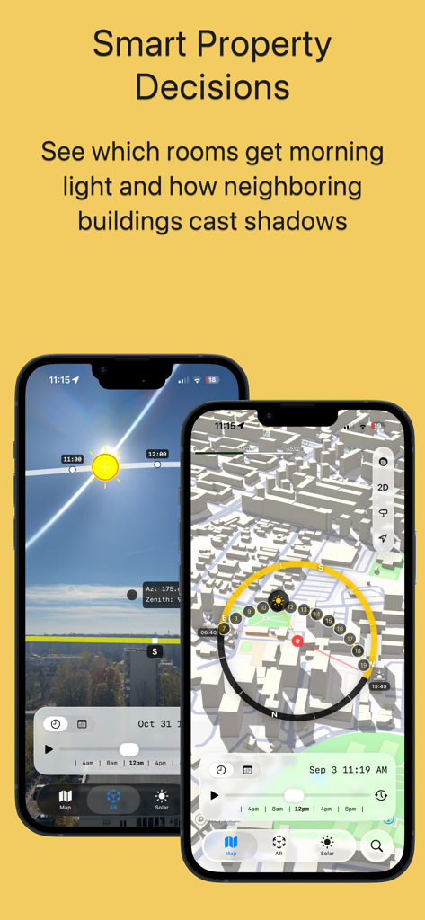 Interfaz de la app Sunio mostrando sombras 3D y rastreo solar en RA para decisiones inmobiliarias inteligentes.