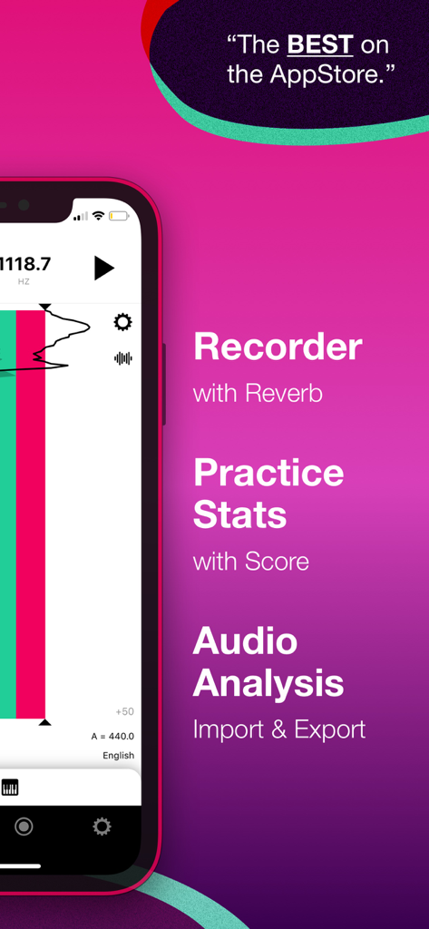 Tunable – Tuner & Metronome - Screenshot of Tunable app features including recorder practice stats and audio analysis