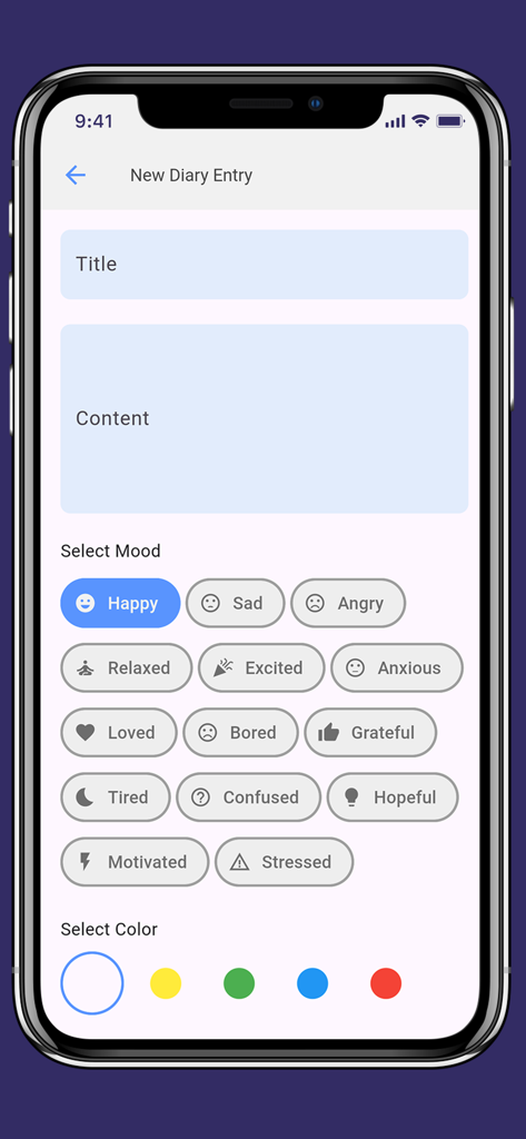 What To Do App - Interfaz de aplicación móvil para crear una nueva entrada de diario con iconos de selección de estado de ánimo y un selector de color