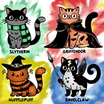 four different cats one slytherin one griffendor one hufflepuff one ravenclaw
