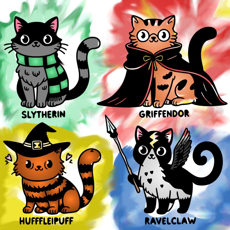 four different cats one slytherin one griffendor one hufflepuff one ravenclaw