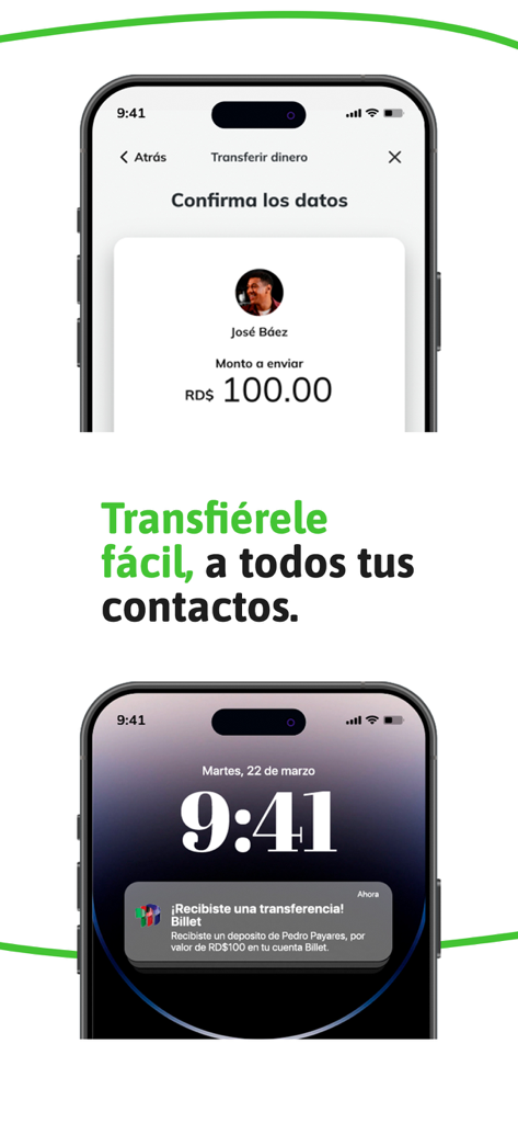 Billet - Capturas de pantalla de la aplicación móvil Billet que muestran la confirmación de una transferencia de dinero a un contacto y una notificación en la pantalla de bloqueo por un pago recibido.
