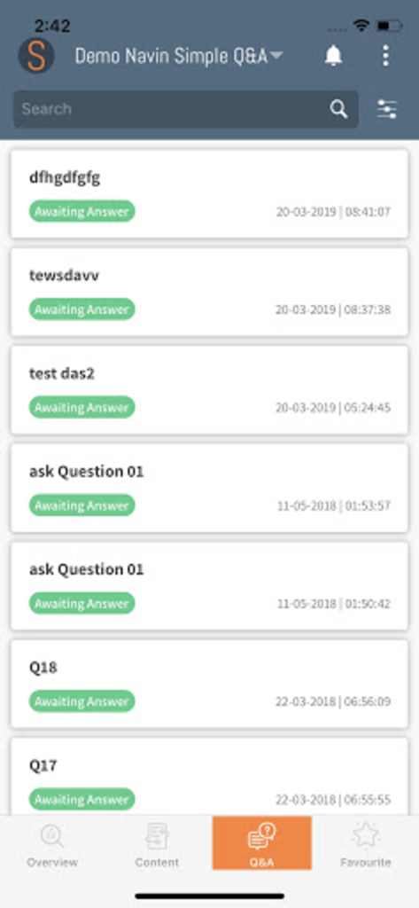 Interfaz de la aplicación móvil Sterling VDR que muestra una lista de preguntas de operaciones con estado de respuesta pendiente