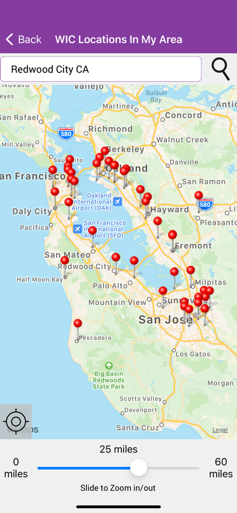 California WIC App - サンフランシスコ・ベイエリアの地図。カリフォルニアWICアプリ内でWICクリニックと店舗の場所を示す多数の赤いピンが表示されています。
