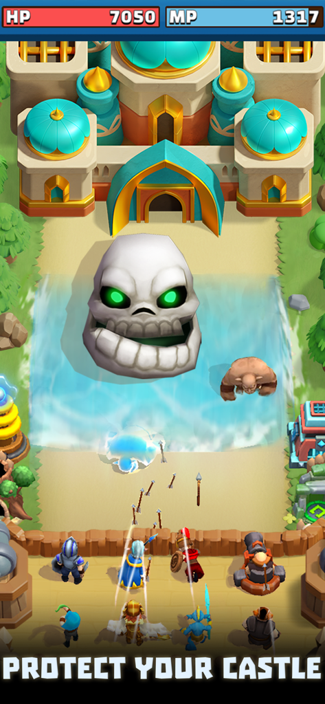 Wild Castle: Tower Defense TD - Jugabilidad estratégica en Wild Castle Tower Defense mostrando héroes defendiendo un castillo contra un jefe calavera gigante
