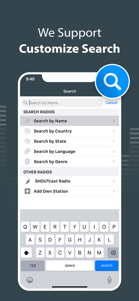 Pantalla de búsqueda de la aplicación Radio Tuner que muestra filtros por nombre, país, estado, idioma y género.