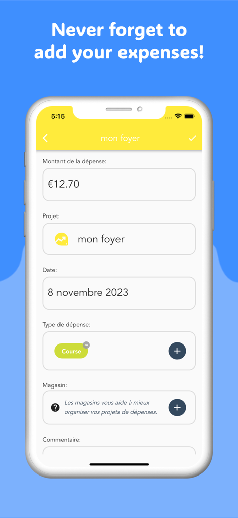Construction Expense Manager - Mobile screen showing the expense entry form for tracking construction costs.