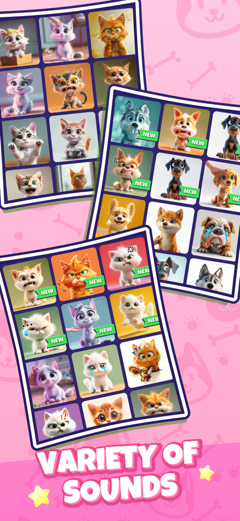 Cat Emotions: Sounds to Pet - Eine Sammlung von Cartoon-Katzen- und Hunde-Symbolen, die verschiedene Emotionen und Geräusche in der App darstellen