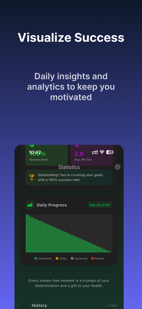 Dashboard showing analytical charts and daily progress for quitting smoking in the Smoke Free app