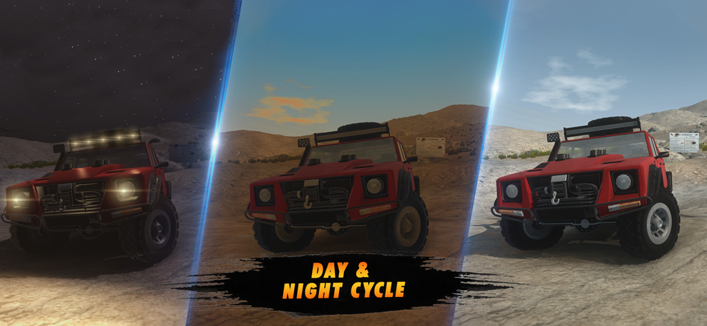 Real Offroad 4x4 Mud Trucks - A red 4x4 truck shown in three different lighting conditions representing a day and night cycle in an offroad simulation game.