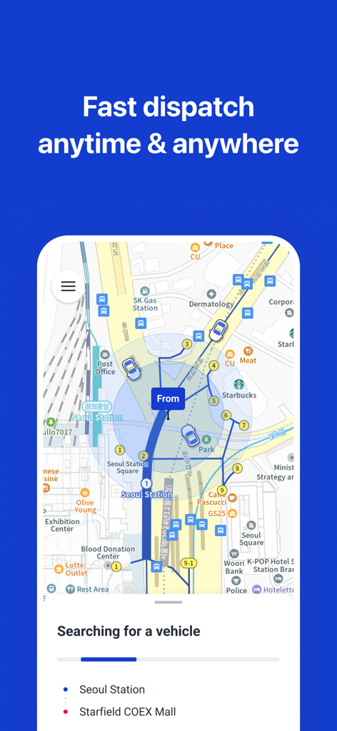 k.ride - taxi, cab, travel - Interface do aplicativo móvel K.ride mostrando um mapa em tempo real de Seul procurando um táxi para despacho rápido.