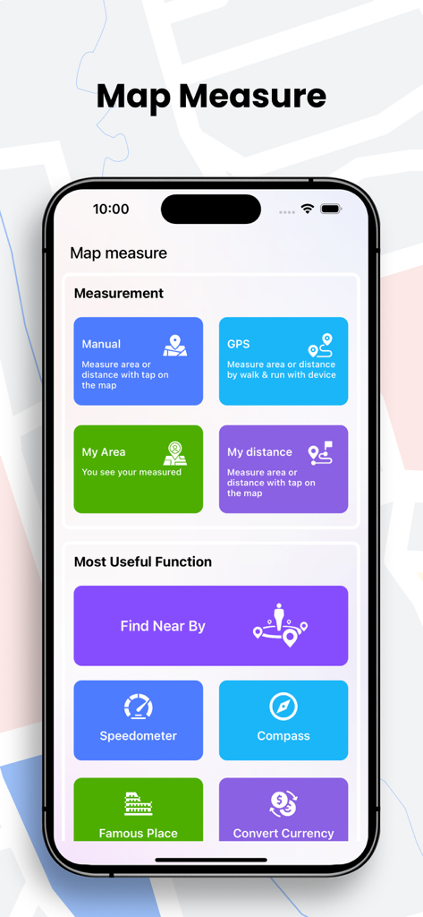 QuickNav Gps Map Navigation - QuickNav app interface showing map measurement tools speedometer and nearby places functions
