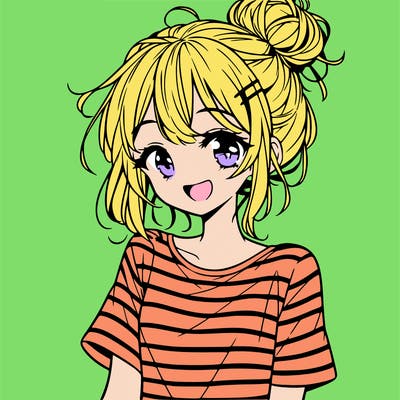 anime girl teenager striped shirt and smile and messy bun