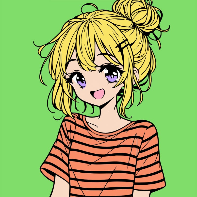 anime girl teenager striped shirt and smile and messy bun