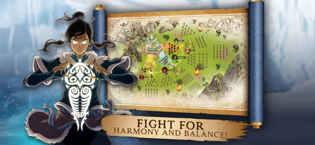 Korra dans l'état d'Avatar à côté d'une carte de bataille tactique sur un parchemin