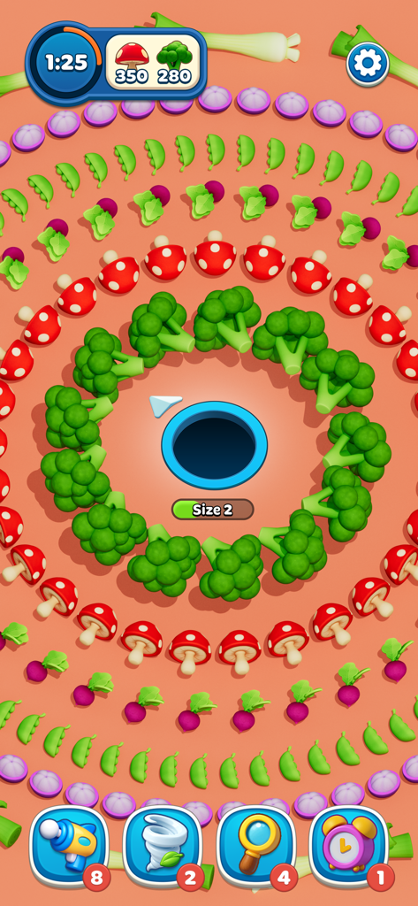 Gameplay of Hole Stars showing a black hole swallowing circles of broccoli and mushrooms.