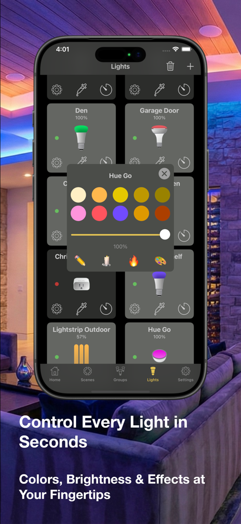 Hue Lights mobile app interface displaying color and brightness controls for smart lighting on an iPhone.
