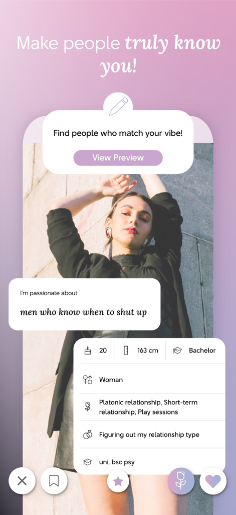 Chyrpeデーティングアプリの女性ユーザープロフィール。バイオの詳細と関係の好みが表示されています。