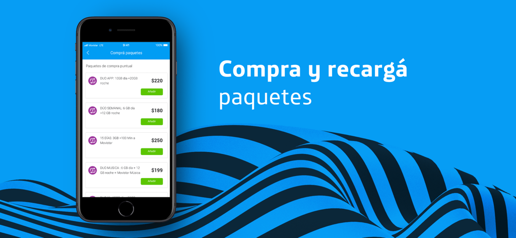 Mi Movistar Uruguay - Un teléfono móvil mostrando la pantalla de Compra y recarga de paquetes de la app Mi Movistar Uruguay con varias opciones de planes y precios.