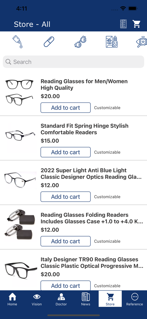 Eye Patient - Una lista de productos de gafas de lectura en la tienda de la aplicación Paciente Ocular.