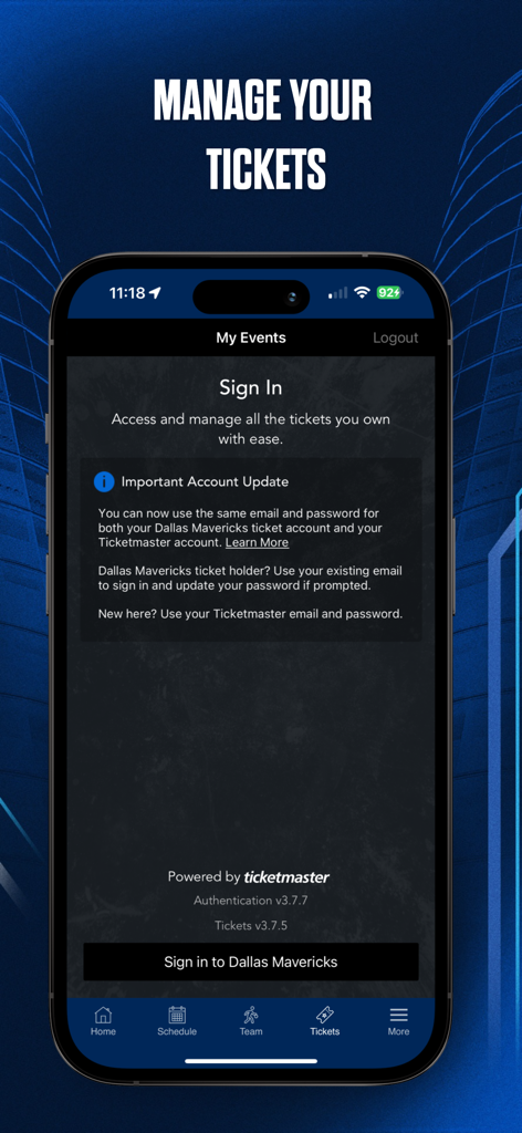 Pagina di accesso per la gestione dei biglietti sull'app dei Dallas Mavericks.
