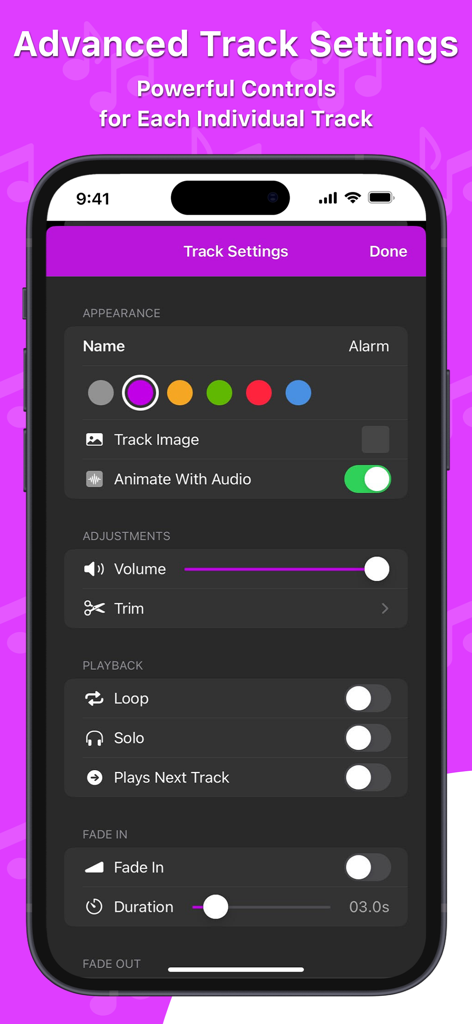 Soundboard Studio - Interface of Soundboard Studio showing advanced track settings and audio controls on an iPhone.