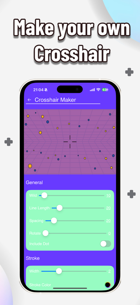 A mobile app screen for creating and customizing FPS game crosshairs
