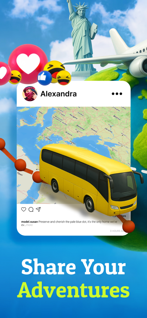 Travel Animator - Travel Video - A social media post mockup showing a bus route on a map with the text Share Your Adventures.