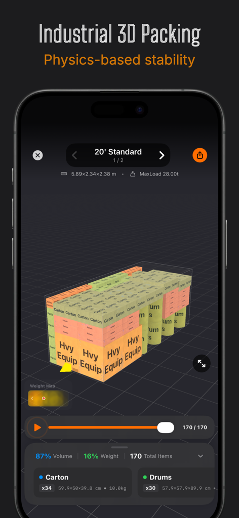 Smart Packer: 3D Cargo Planner - Una visualización 3D que muestra el empaquetado de carga optimizado para un contenedor de envío con cajas y bidones.