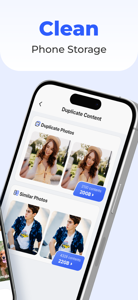 CleanerMate-Storage Ai cleaner - Smartphone interface showing AI-powered duplicate and similar photo detection to clean phone storage