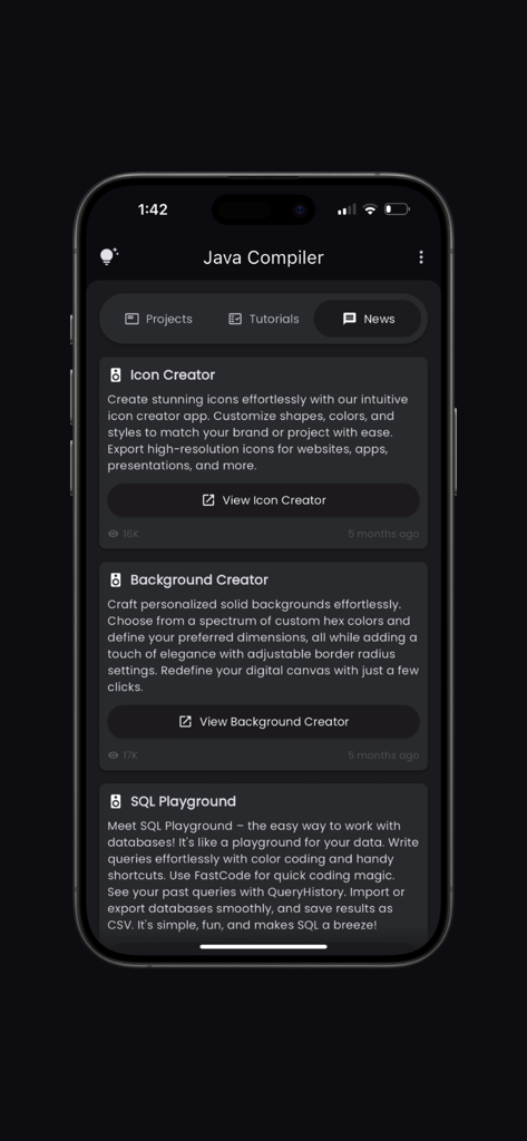 The news feed screen in the Java Compiler Pro app showing developer articles and coding tools.