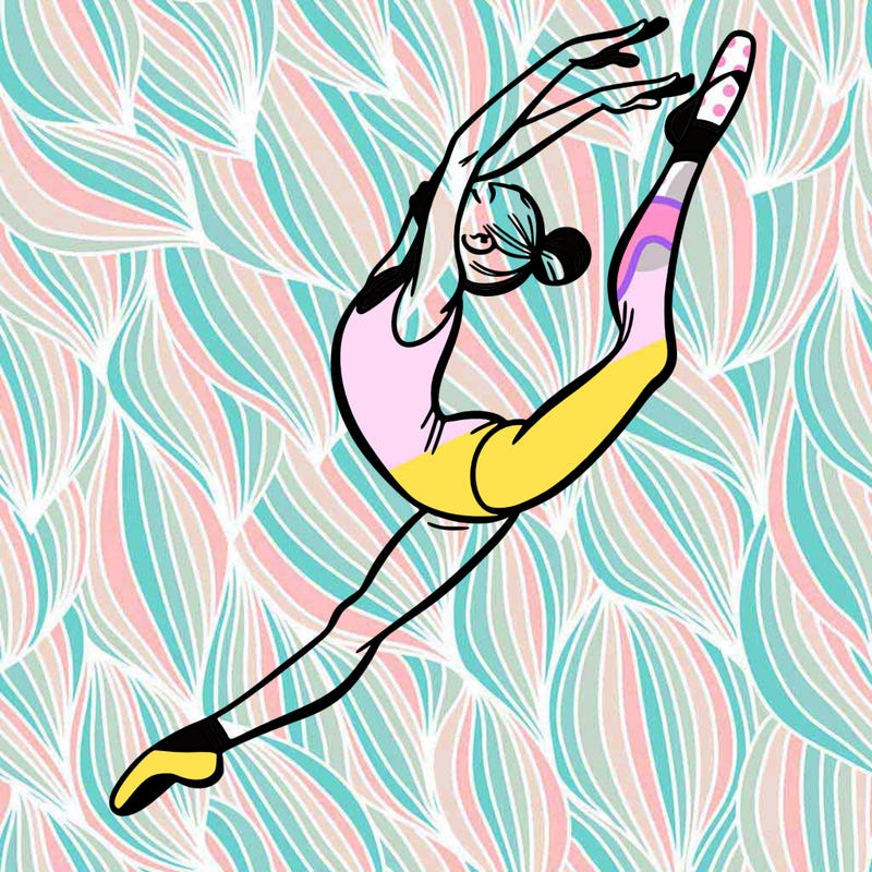 gymnast doing a leap in a leotard with a bent back leg