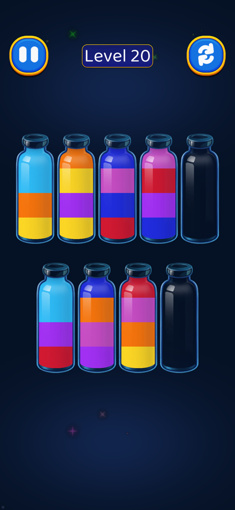 Water Sort Puzzle -Color Magic - Interfaz del juego Water Sort Puzzle Color Magic que muestra tubos de clasificación de colores en el nivel 20