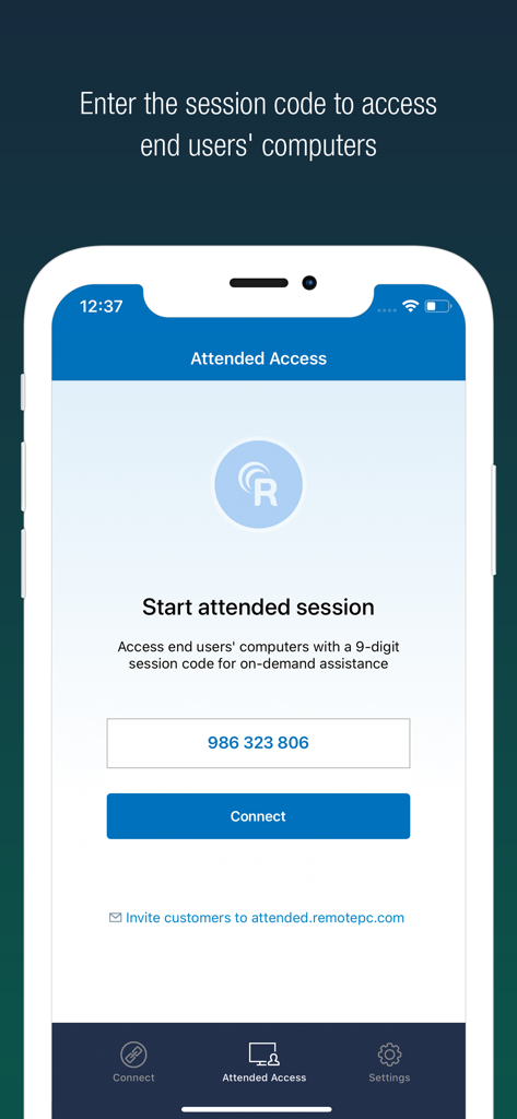 Interfaz de la aplicación móvil RemotePC que muestra la pantalla de Acceso Asistido para introducir un código de sesión de 9 dígitos para asistencia remota.